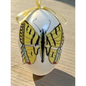 Vintage Hand-Painted Real Easter Egg Ornament With Yellow Butterfly Design & Rib